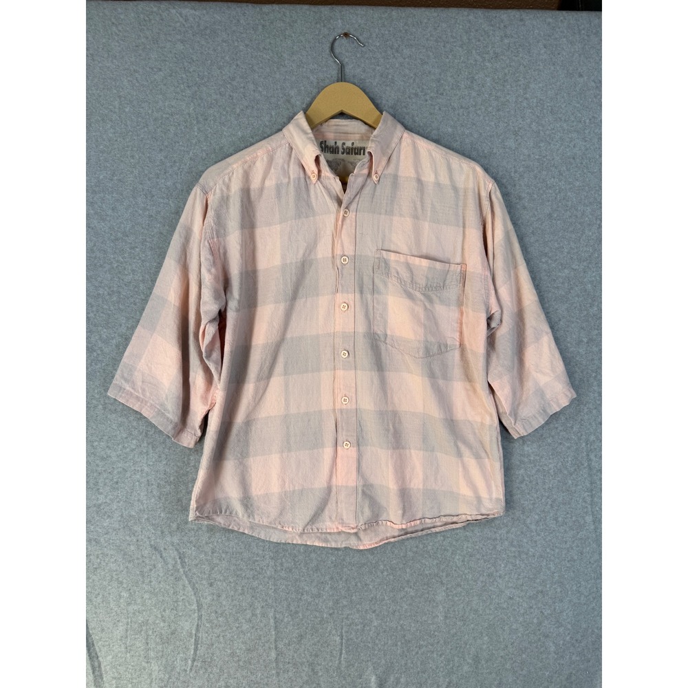 Vintage 90s Shah Safari Shirt Small Pink Gray Plaid Cotton Oversized 3/4 Sleeve